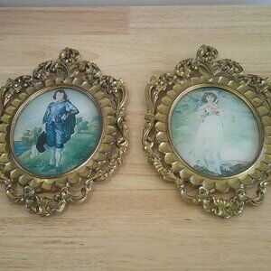 Vintage Mod Depose Blue Boy and Pinkie Girl in Ornate Gold Frame Made in Italy